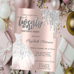 Silver Glitter Drips,White Dress 21th Birthday Invitation