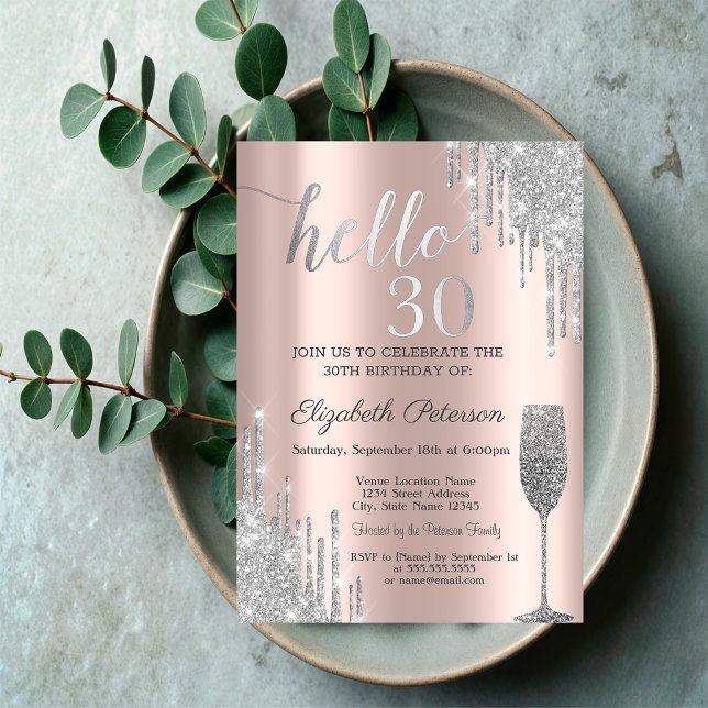 Silver Glitter Drips Wine Glass 30th Birthday  Invitation (Creator Uploaded)