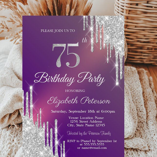  Silver Glitter Drips Your Photo 75th Birthday   Invitation (Creator Uploaded)