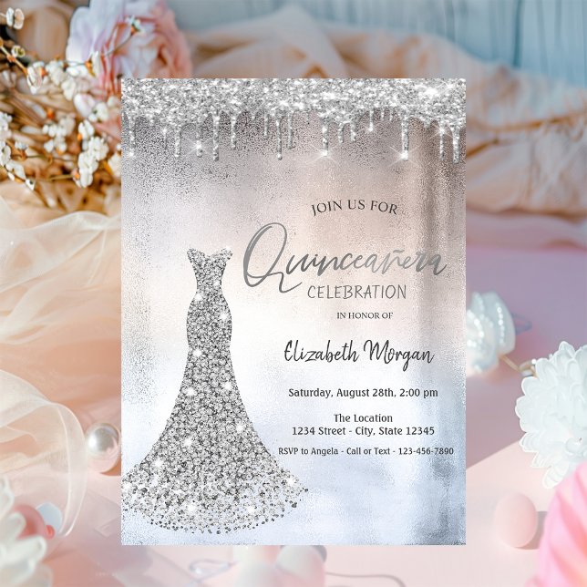 Silver Glitter Drops,Diamonds Dress Quinceanera  Invitation (Creator Uploaded)