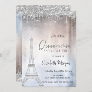 Silver Glitter Drops Eiffel Tower Quinceanera Invitation