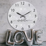Silver glitter dust metal name script large clock<br><div class="desc">A faux silver metallic looking background,  decorated with faux glitter dust.  Personalise and add your name written with a trendy hand lettered style script with swashes.
To keep the swashes only delete the sample name,  leave the spaces or emoji's in front and after the name.</div>