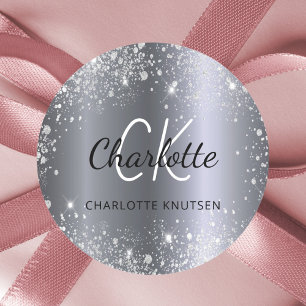 Silver glitter dust monogram initials name classic round sticker