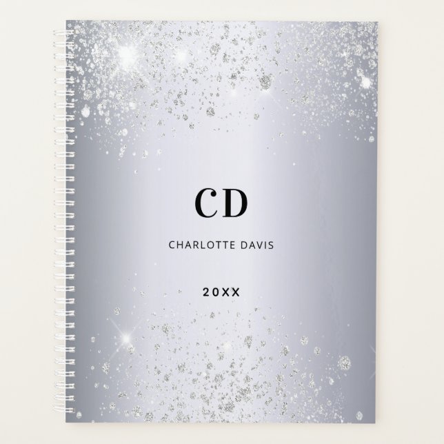 Silver glitter dust monogram name planner (Front)