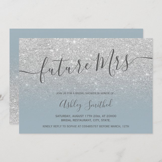 Silver glitter dusty blue Mrs bridal shower Invitation (Front/Back)