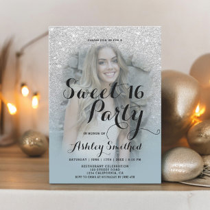 Silver glitter dusty blue ombre photo Sweet 16 Invitation