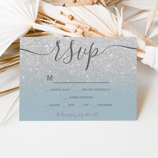 Silver glitter dusty blue script chic rsvp (Creator Uploaded)