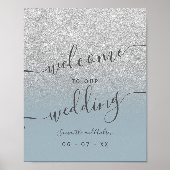 Silver glitter dusty blue script welcome poster (Front)