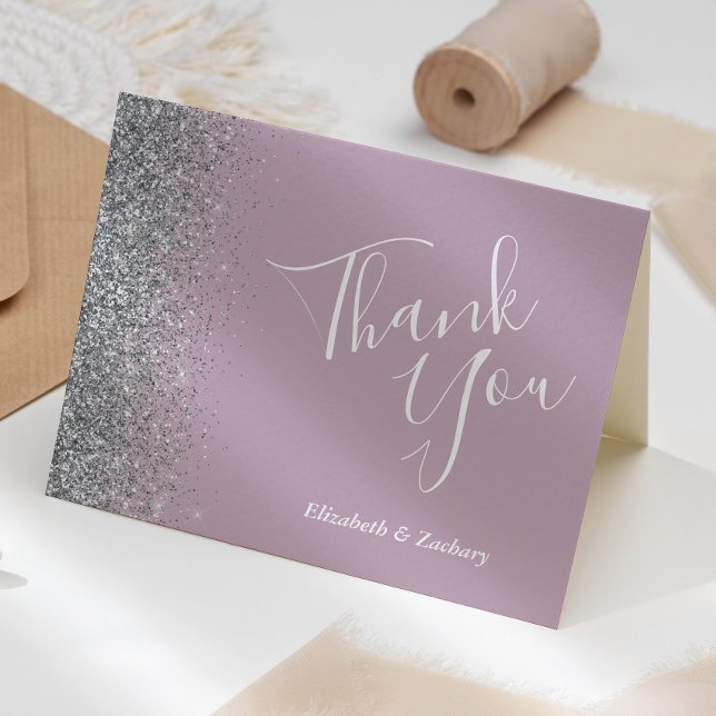 Silver Glitter Dusty Purple Wedding Thank You Card (Creator Uploaded)