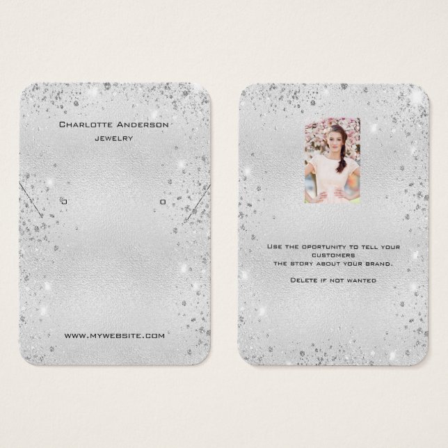 Silver glitter earrings brand photo display card (Front & Back)