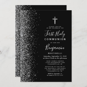 Silver Glitter Edge Black First Holy Communion Invitation