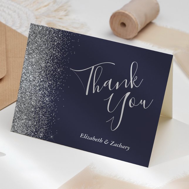 Silver Glitter Edge Dark Blue Wedding Thank You Card (Creator Uploaded)