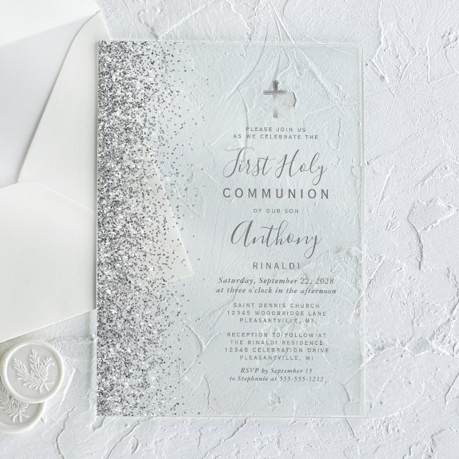 Silver Glitter Edge First Holy Communion Acrylic Invitations (Creator Uploaded)