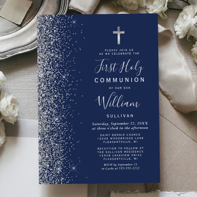 Silver Glitter Edge Navy Blue First Holy Communion Invitation (Creator Uploaded)