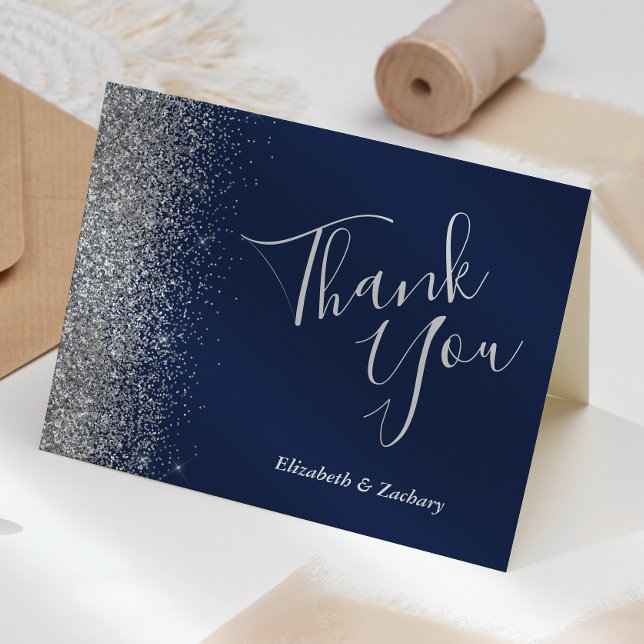 Silver Glitter Edge Navy Blue Wedding Thank You Card (Creator Uploaded)