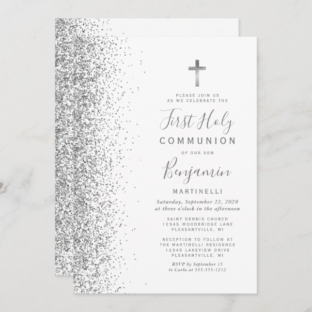 Silver Glitter Edge White First Holy Communion Invitation (Front/Back)