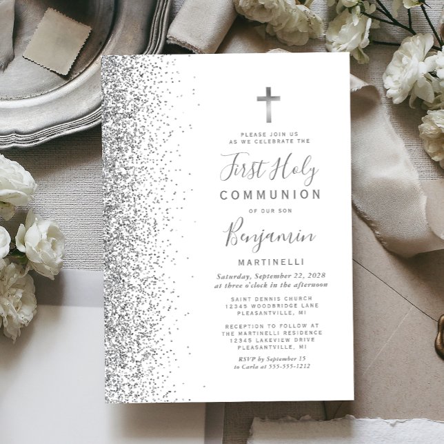 Silver Glitter Edge White First Holy Communion Invitation (Creator Uploaded)