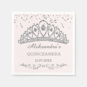 Silver glitter effect tiara, confetti Quinceanera Napkin
