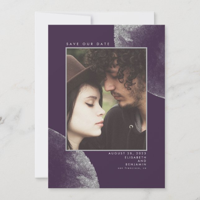 Silver Glitter Eggplant Purple Save the Date Photo (Front)