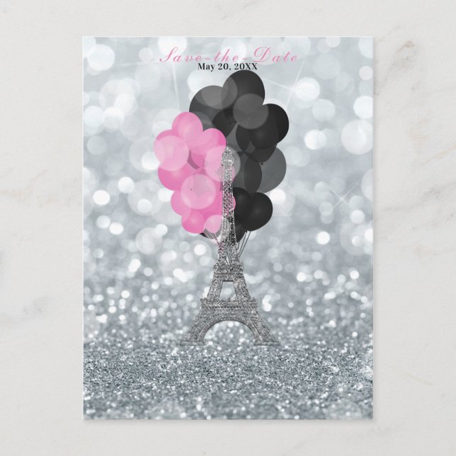 Silver Glitter Eiffel Tower Balloons Save the Date Announcement Postcard (Front)