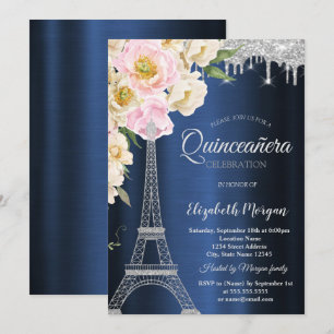 Silver Glitter Eiffel Tower,Drips Blue Quinceañera Invitation