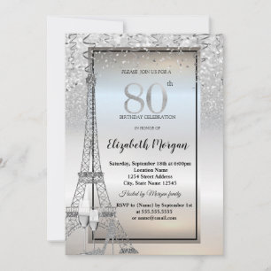Silver Glitter Eiffel Tower,Glass,Heels 80th Invitation
