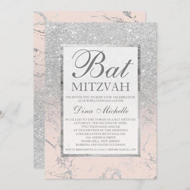 SIlver glitter elegant blush marble Bat Mitzvah Invitation (Front/Back)