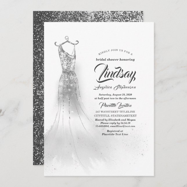 Silver Glitter Elegant Dress White Bridal shower Invitation (Front/Back)