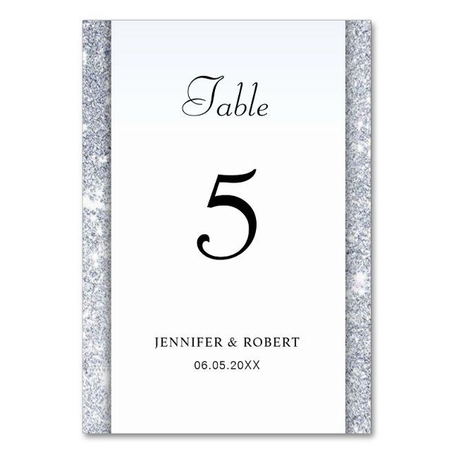 Silver Glitter Elegant Hand Script Modern Template Table Number (Front)