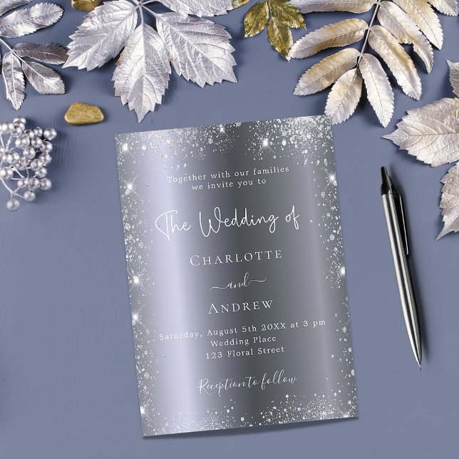Silver glitter elegant script wedding invitation (Creator Uploaded)