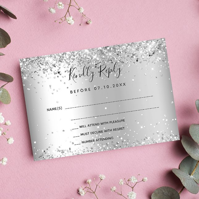 Silver glitter elegant wedding RSVP (Creator Uploaded)