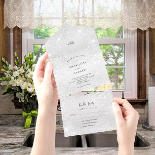 Silver glitter elegant wedding rsvp all in one invitation