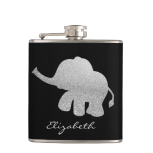 Silver Glitter Elephant, Black - Personalised Hip Flask