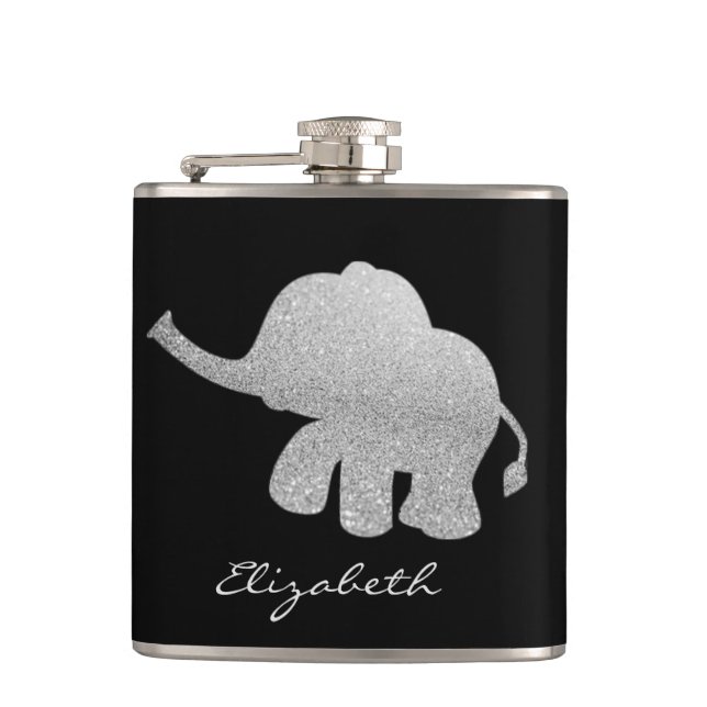 Silver Glitter Elephant, Black - Personalised Hip Flask (Front)
