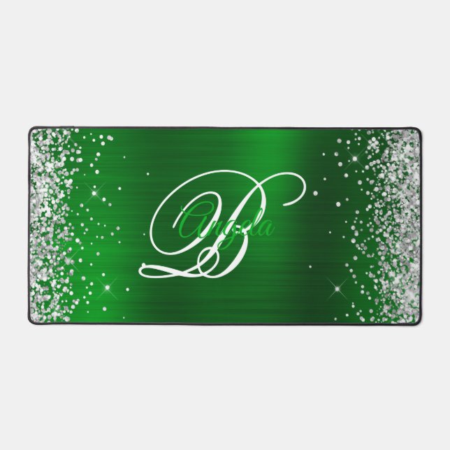 Silver Glitter Emerald Green Fancy Monogram Desk Mat (Front)