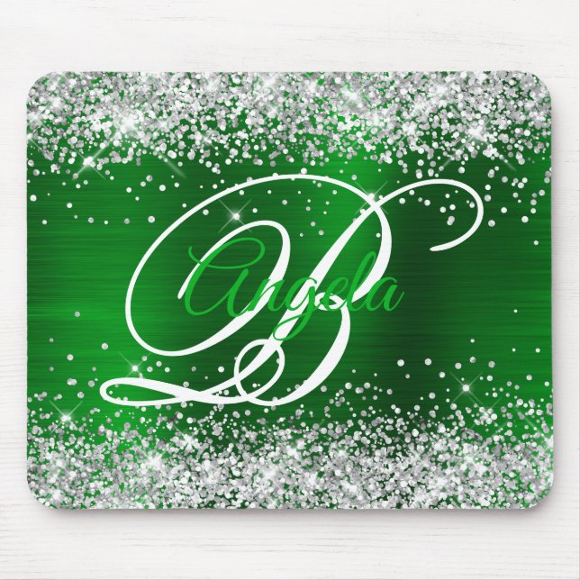 Silver Glitter Emerald Green Fancy Monogram Mouse Pad (Front)