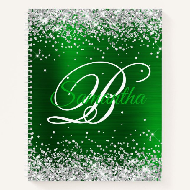 Silver Glitter Emerald Green Foil Fancy Monogram Notebook (Front)