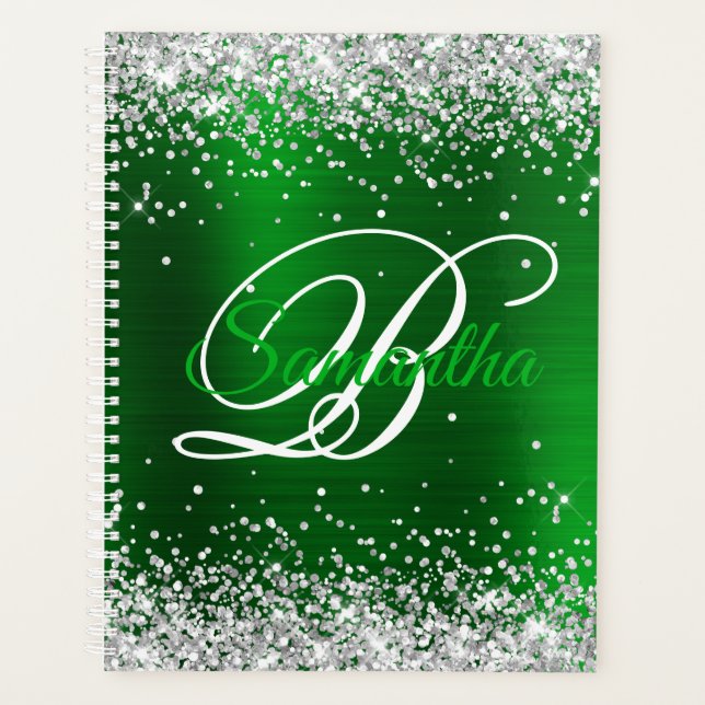 Silver Glitter Emerald Green Foil Fancy Monogram Planner (Front)