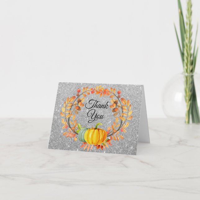 Silver Glitter Fall Pumpkin Thank You card (Front)