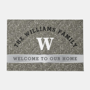 Silver Glitter Family Monogram Initial Welcome Doormat