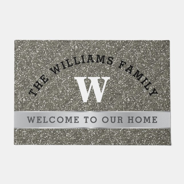 Silver Glitter Family Monogram Initial Welcome Doormat (Front)