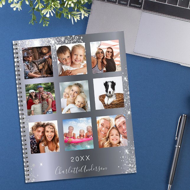Silver glitter family photo collage monogram 2022 planner (Creator Uploaded)