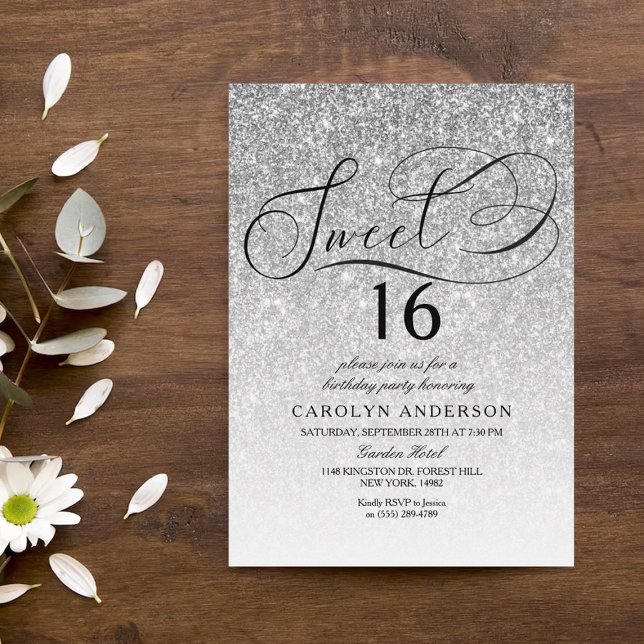 Silver Glitter Fancy Script Sweet 16 Birthday Invitation (Creator Uploaded)