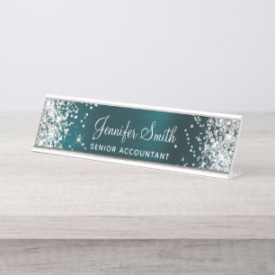 Silver Glitter Faux Dark Turquoise Foil Desk Name Plate