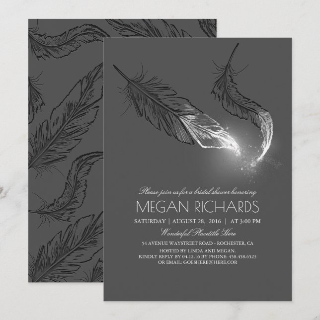 Silver Glitter Feathers Elegant Bridal Shower Invitation (Front/Back)