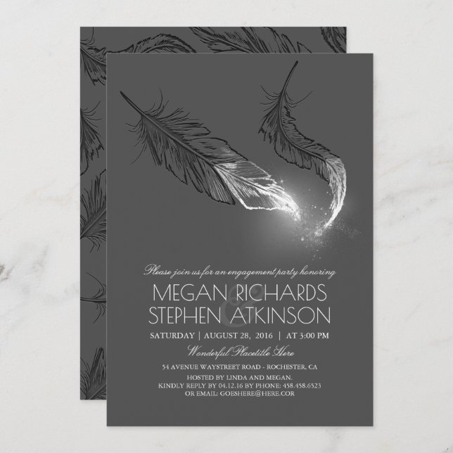 Silver Glitter Feathers Engagement Party Invitation (Front/Back)