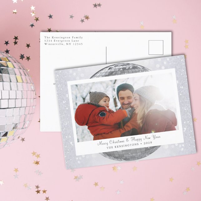 Silver Glitter Festive Winter Photo Holiday Postcard (Personalized Disco Ball Snowflake Holiday Postcard)