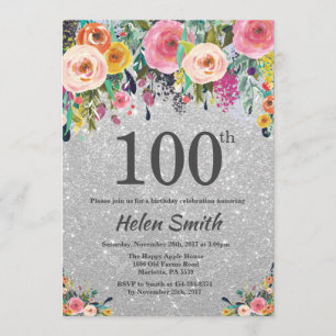 Silver Glitter Floral 100th Birthday Invitation