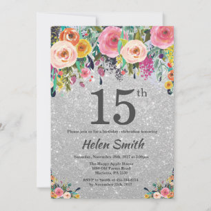 Silver Glitter Floral 15th Birthday Invitation