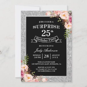 Silver Glitter Floral 25th Surprise Birthday Party Invitation